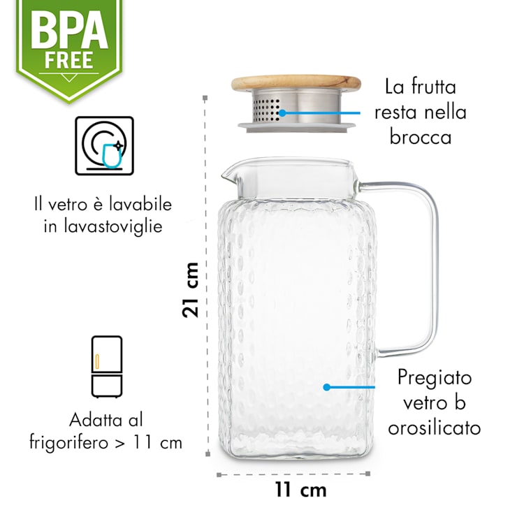 Livenza, brocca dell'acqua, 1,5 litri, vetro borosilicato, colino d'acciaio inox, coperchio in legno di rovere 1,5 Ltr