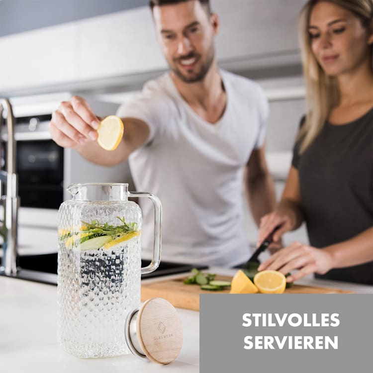 Glaswerk Livenza Wasserkrug 1,9 Liter Borosilikatglas Edelstahlsieb Deckel 1,9 Ltr