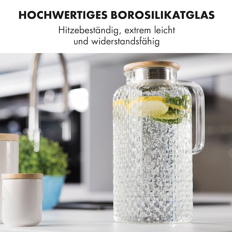 Glaswerk Livenza Wasserkrug 1,9 Liter Borosilikatglas Edelstahlsieb Deckel 1,9 Ltr