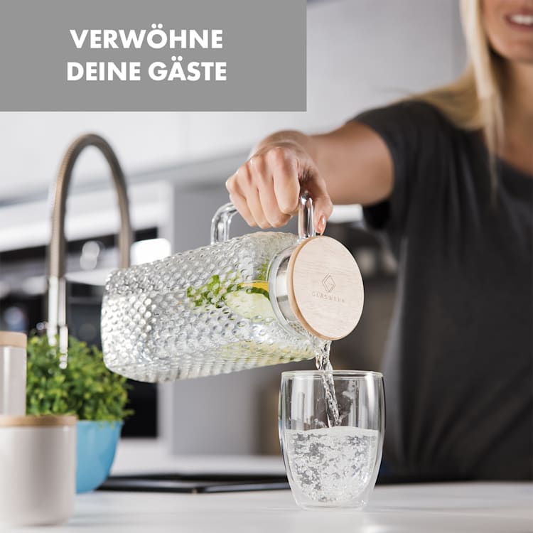 Glaswerk Livenza Wasserkrug 1,9 Liter Borosilikatglas Edelstahlsieb Deckel 1,9 Ltr