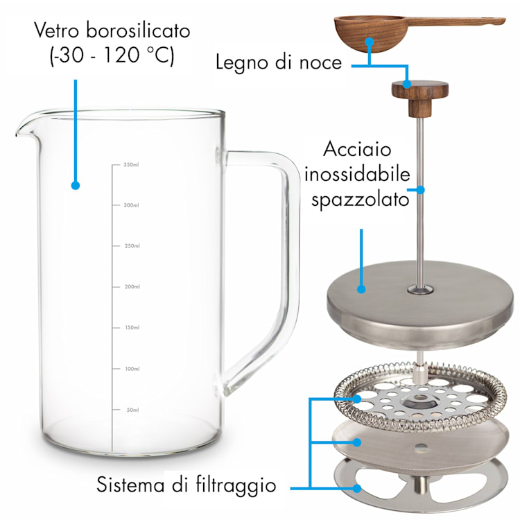 Glaswerk Ristretto, French Press, 0,35 L, Vetro Borosilicato, Acciaio Inox, Legno di Noce 350 ml
