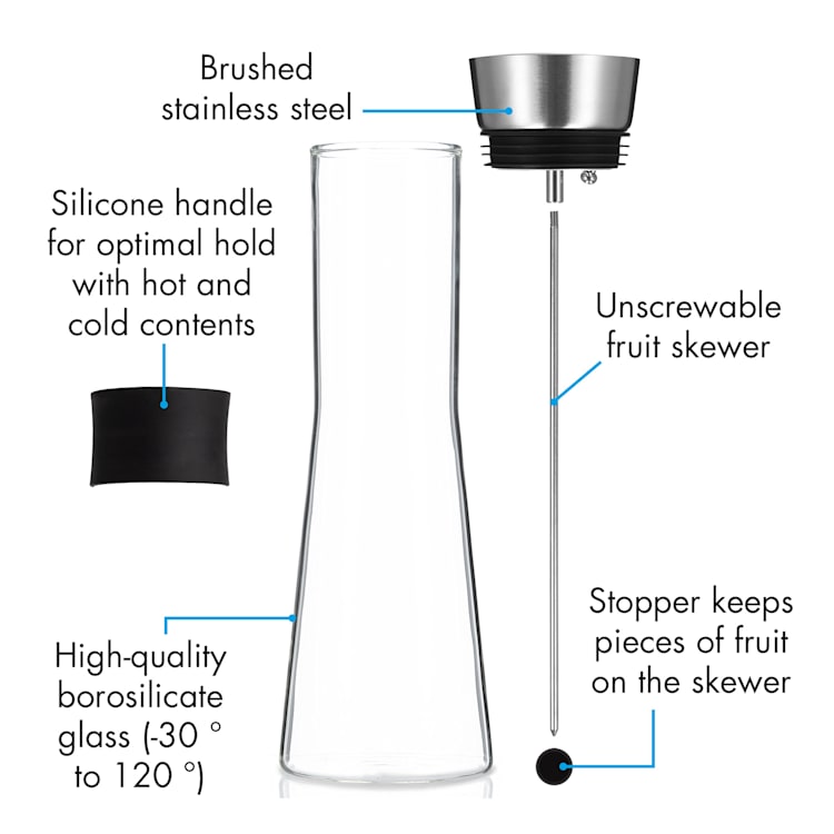 Sile, caraffa, 1 litro, vetro borosilicato, spiedino per frutta con tappo finale