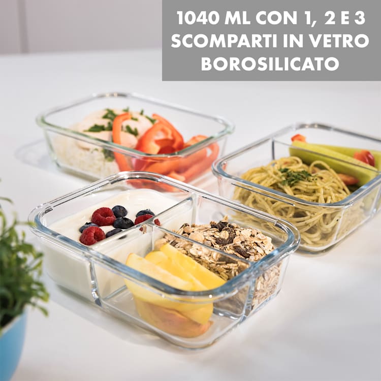 Hopewell, contenitori salvafreschezza, set 3 pezzi, 1040 ml, vetro borosilicato, coperchio, borsa