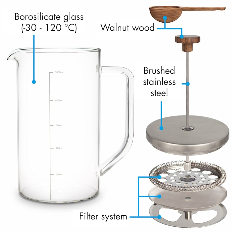 Glaswerk Ristretto, zaparzacz do kawy, french press, 1 litr, szkło borokrzemowe, stal nierdzewna, drewno orzechowe