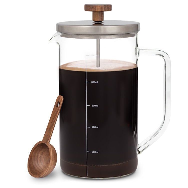 Glaswerk Ristretto, zaparzacz do kawy, french press, 1 litr, szkło borokrzemowe, stal nierdzewna, drewno orzechowe