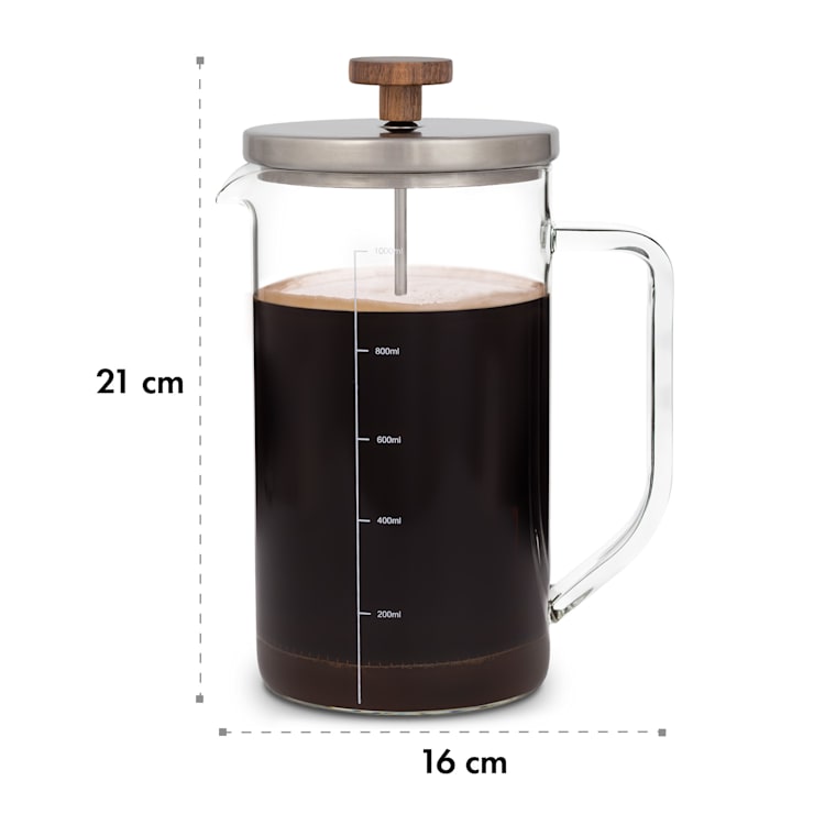 Glaswerk Ristretto, zaparzacz do kawy, french press, 1 litr, szkło borokrzemowe, stal nierdzewna, drewno orzechowe