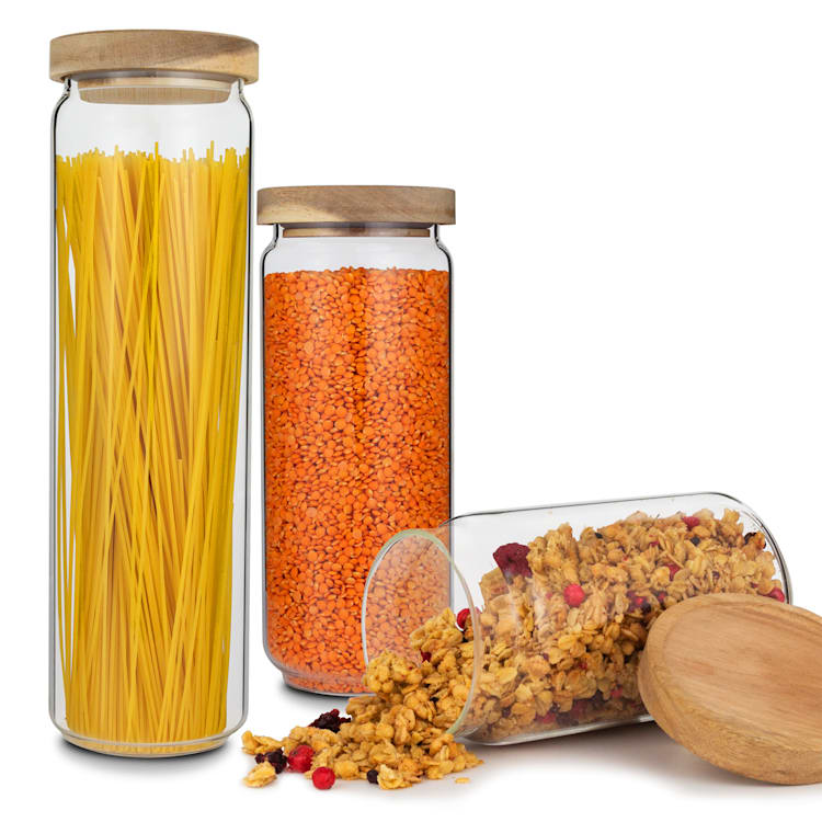 Tarros de almacenamiento Lovage 0,75 1,1 1,5 l juego de 3 tarros de vidrio borosilicato tapa de madera de acacia silicona