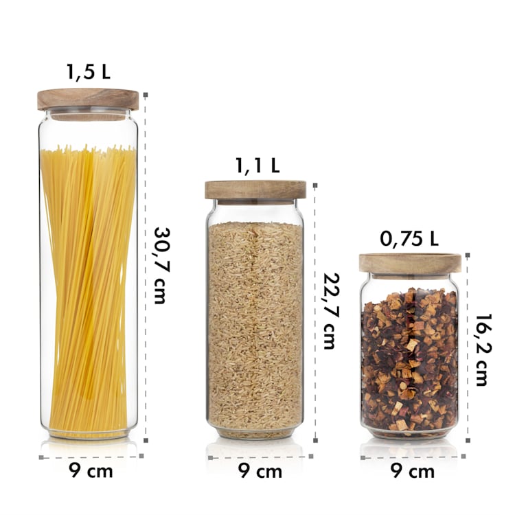 Tarros de almacenamiento Lovage 0,75 1,1 1,5 l juego de 3 tarros de vidrio borosilicato tapa de madera de acacia silicona