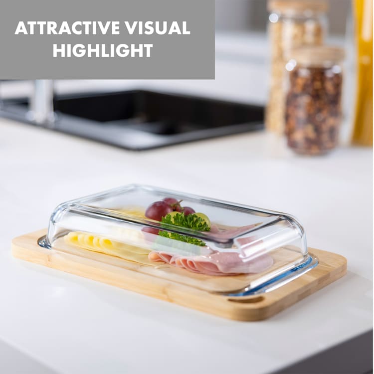Hermatige Boîte à charcuterie lot de 2 avec couvercle en verre borosilicaté planche à découper en bambou
