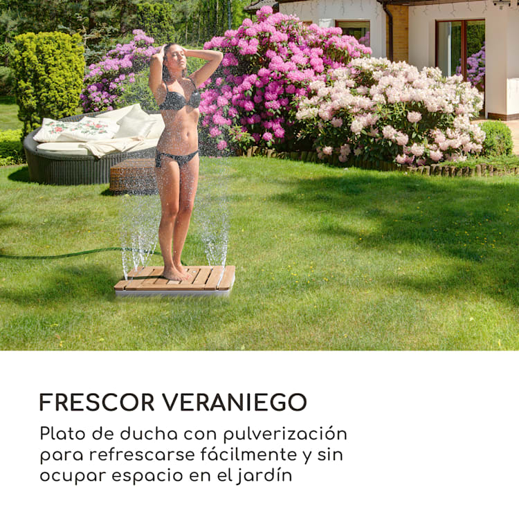 Cool Breeze ducha de jardín aluminio madera de teca asa de transporte Angular
