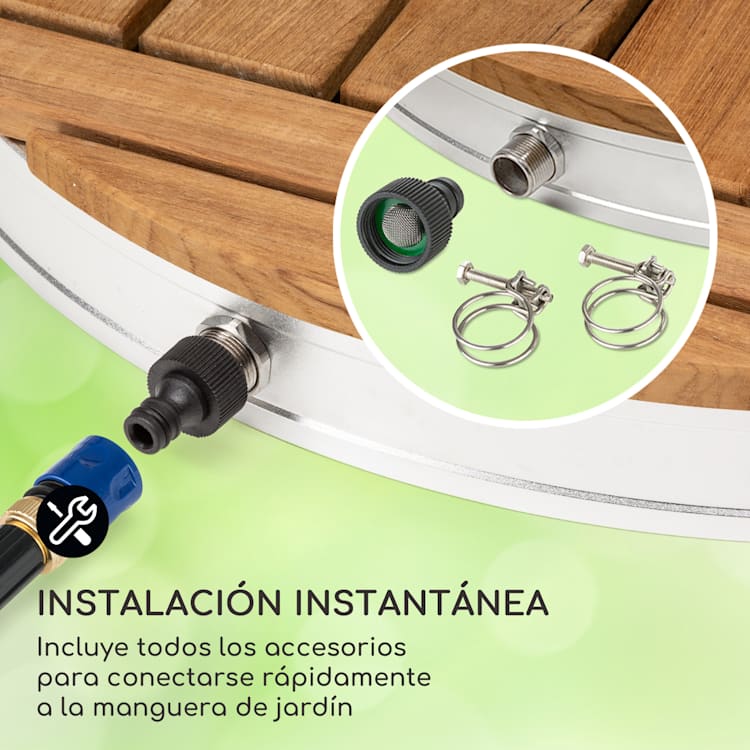 Sumatra Teak Round ducha de jardín aluminio madera de teca asa de transporte Round | Plata