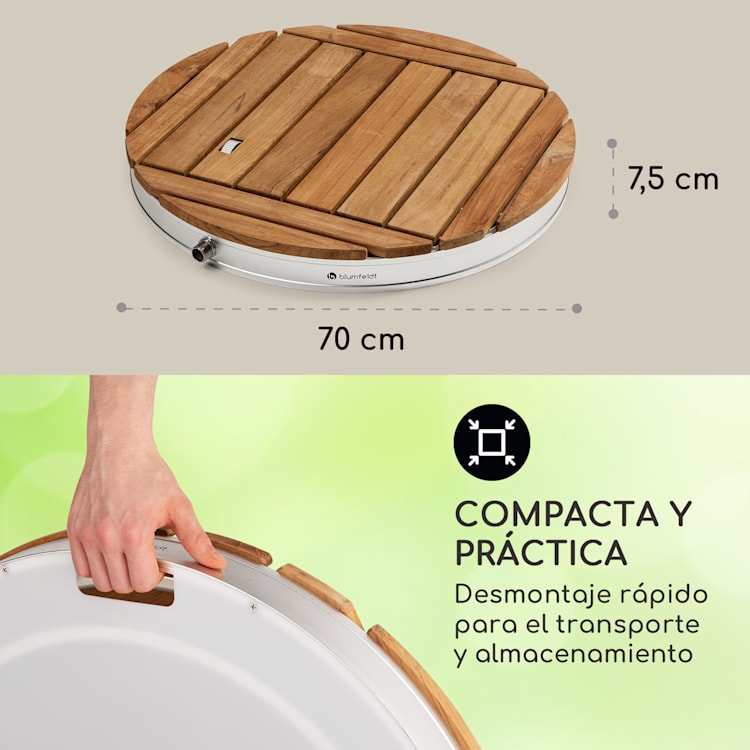 Sumatra Teak Round ducha de jardín aluminio madera de teca asa de transporte Round | Plata