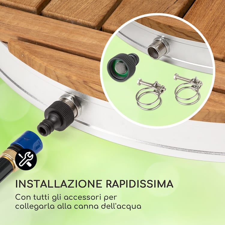 Sumatra Teak RD - Doccia da giardino, WPC, alluminio, teak, impugnatura di trasporto Round | Argento
