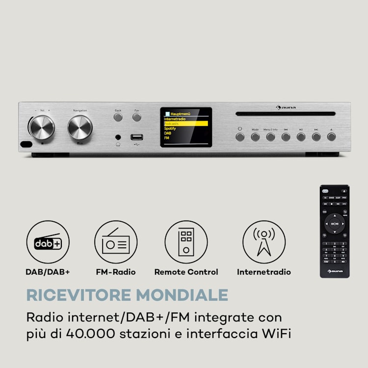 Silver Star - Ricevitore CD HiFi, amplificatore, radio web/DAB+/FM, lettore CD, WiFi Argento metallizzato
