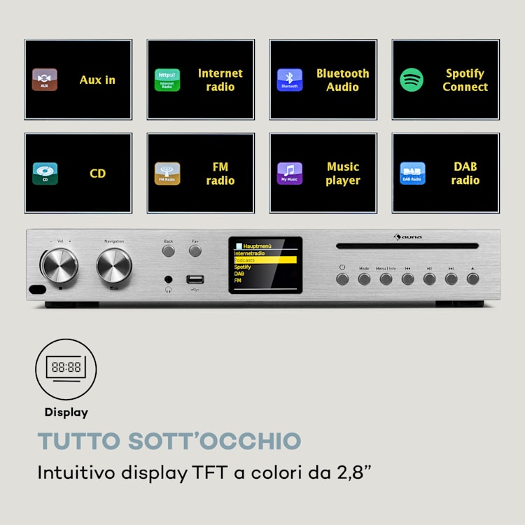 Silver Star - Ricevitore CD HiFi, amplificatore, radio web/DAB+/FM, lettore CD, WiFi Argento metallizzato