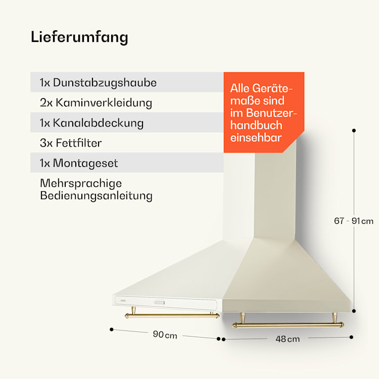 Victoria 90 Dunstabzugshaube 90cm Retro-Design 644,5m³/h 2 LED-Lampen 90 cm | Vintage-Creme