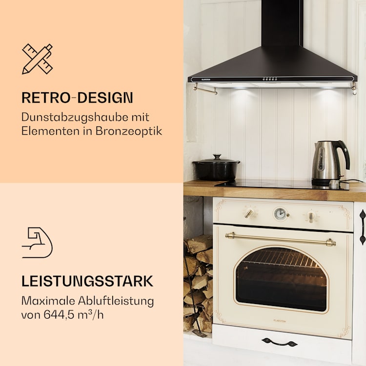 Victoria 90 Dunstabzugshaube 90cm Retro-Design 644,5m³/h 2 LED-Lampen Schwarz