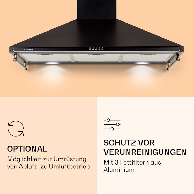 Victoria 90 Dunstabzugshaube 90cm Retro-Design 644,5m³/h 2 LED-Lampen Schwarz