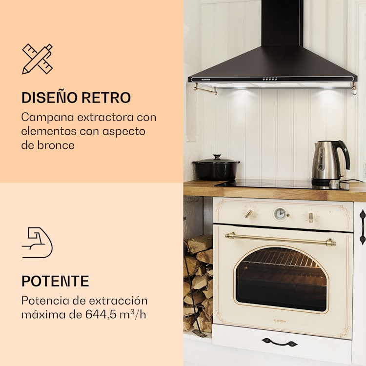 Victoria 90 Campana de cocina 90 cm Diseño retro 644,5 m³/h 2 lámparas led Negro