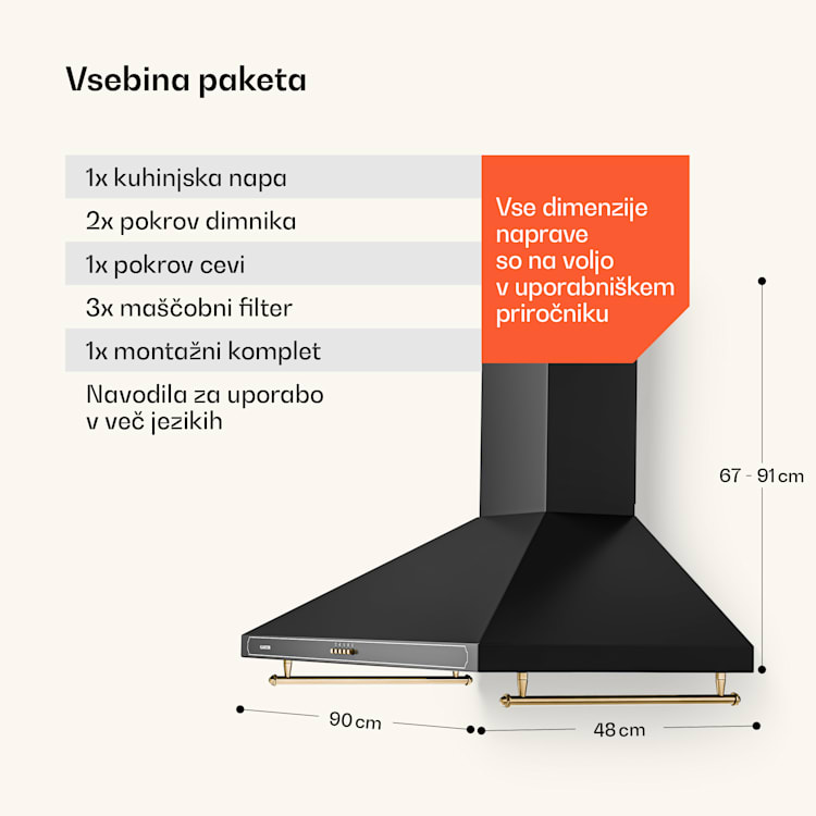 Victoria 90, napa, 90 cm, retro oblika, 644,5 m³/h, 2 LED luči 90 cm | Črna