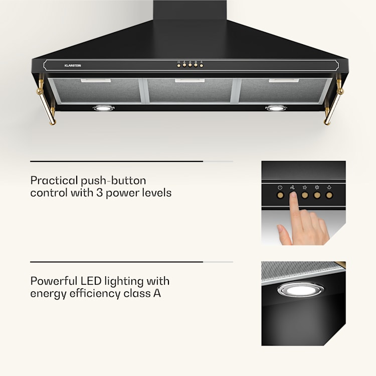 Victoria 90 Exaustor de fogão 90cm design retro 644.5m³/h 2 lâmpadas LED 90 cm | Preto