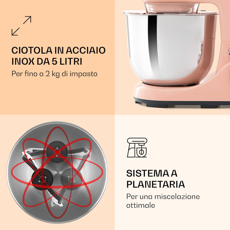 Bella Pico 2G, robot da cucina, 1300W, 1,7 PS, 6 livelli, 5 litri Rosa tenue