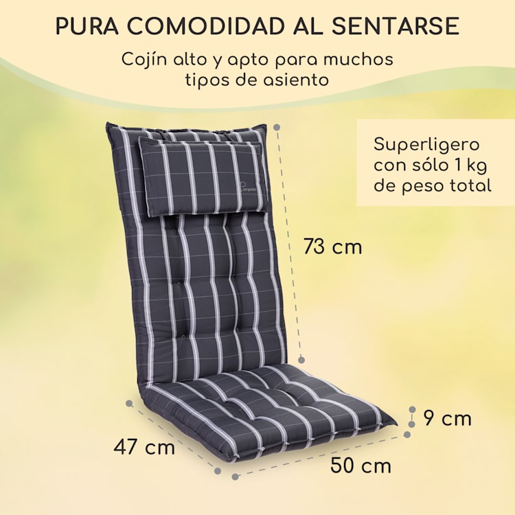 Sylt Cojín acolchado Cojín de exterior para sillas con respaldo alto Almohada Poliéster 50x120x9cm 1 x cojín del asiento | Gris / Gris claro