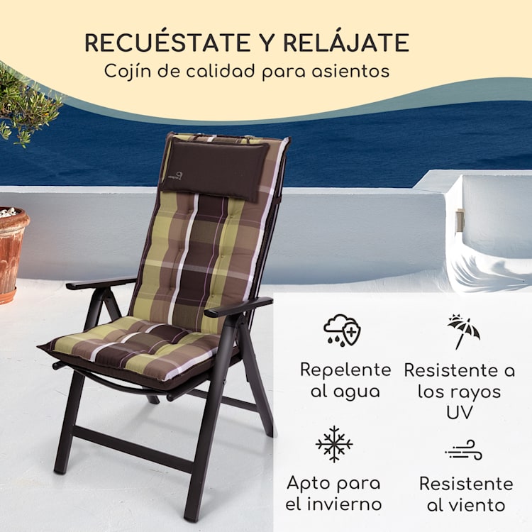 Sylt Cojín acolchado Cojín de exterior para sillas con respaldo alto Almohada Poliéster 50x120x9cm 1 x cojín del asiento | A cuadros verdes
