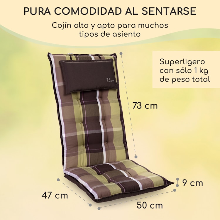 Sylt Cojín acolchado Cojín de exterior para sillas con respaldo alto Almohada Poliéster 50x120x9cm 1 x cojín del asiento | A cuadros verdes
