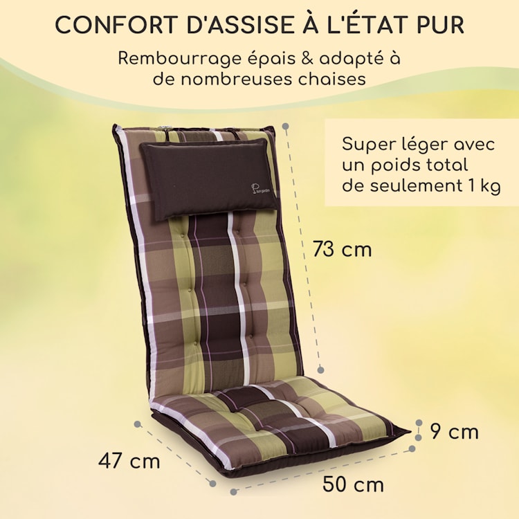 Sylt coussin de fauteuil appuie-tête pour dossier haut Polyester 50x120x9cm 1 x coussin de siege | Carreaux vert