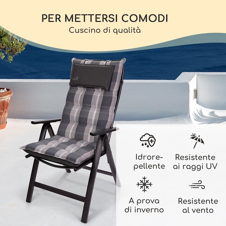 Sylt, Imbottitura, Schienale Alto, Sedia da Giardino, Poggiatesta, Poliestere, 50x120x9cm 1 x cuscino di seduta | Grigio chiaro / grigio
