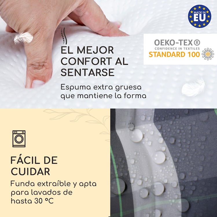 Sylt Cojín acolchado Cojín de exterior para sillas con respaldo alto Almohada Poliéster 50x120x9cm 1 x cojín del asiento | Azul a cuadros
