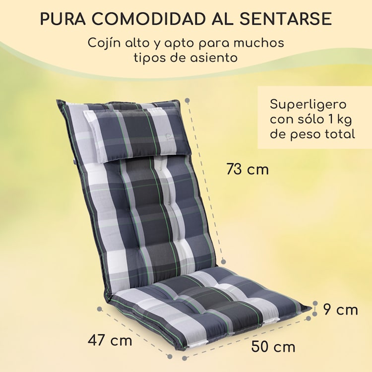 Sylt Cojín acolchado Cojín de exterior para sillas con respaldo alto Almohada Poliéster 50x120x9cm 1 x cojín del asiento | Azul a cuadros