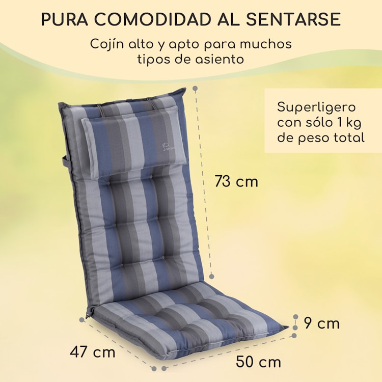Sylt Cojín acolchado Cojín de exterior para sillas con respaldo alto Almohada Poliéster 50x120x9cm 2 x cojín del asiento | Gris azulado