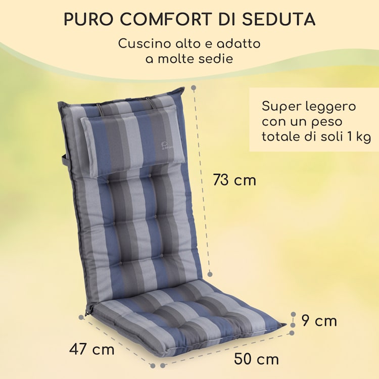 Sylt, Imbottitura, Schienale Alto, Sedia da Giardino, Poggiatesta, Poliestere, 50x120x9cm 2 x cuscino di seduta | Blu grigio