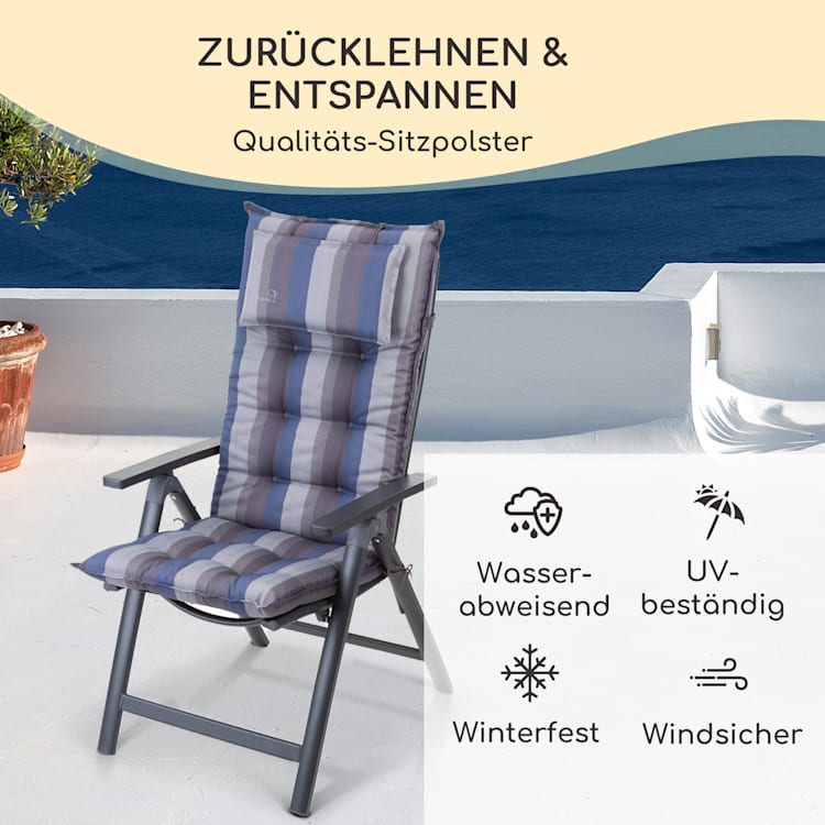 Sylt Polsterauflage Sesselauflage Kopfkissen Polyester 50x120x9cm 4 x Sitzauflage | Blau / Grau