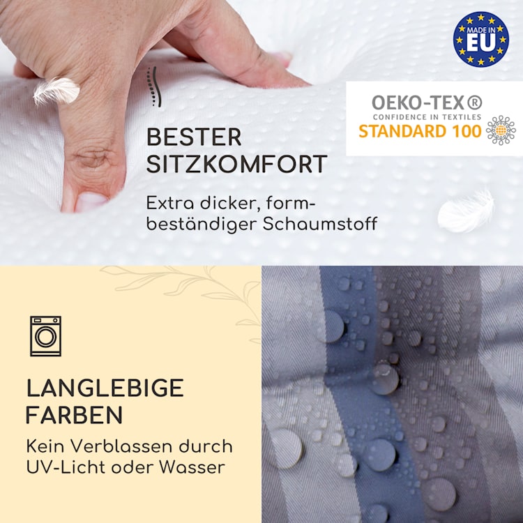Sylt Polsterauflage Sesselauflage Kopfkissen Polyester 50x120x9cm 4 x Sitzauflage | Blau / Grau