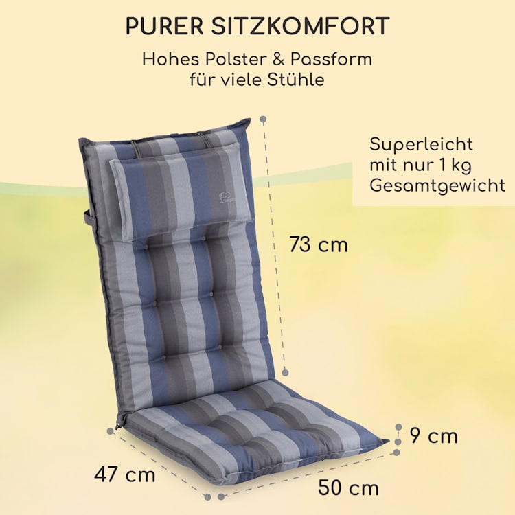 Sylt Polsterauflage Sesselauflage Kopfkissen Polyester 50x120x9cm 4 x Sitzauflage | Blau / Grau