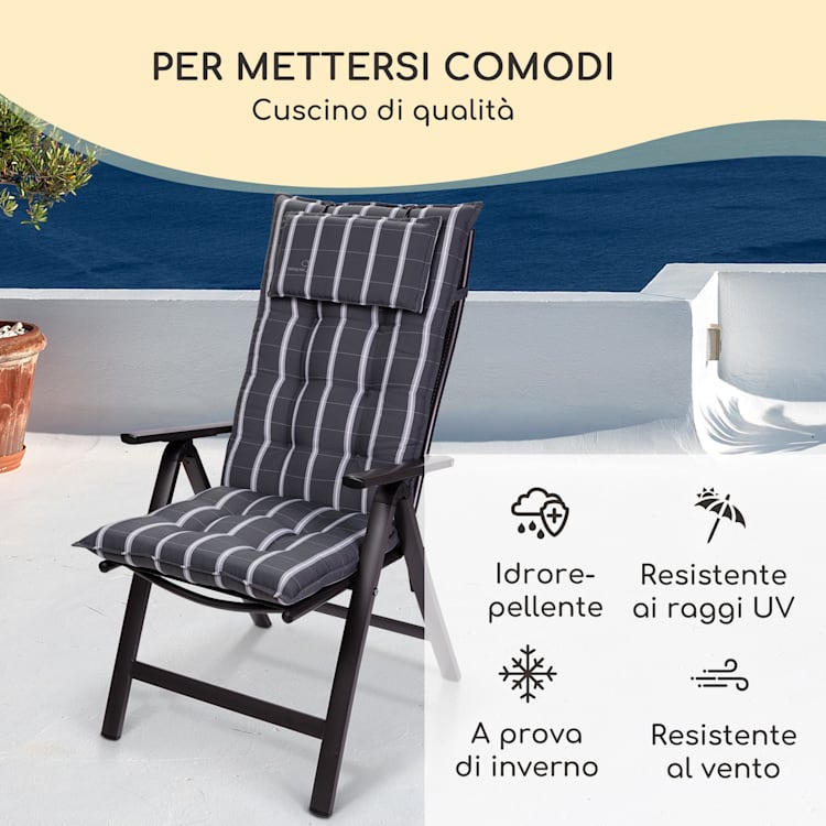 Sylt, Imbottitura, Schienale Alto, Sedia da Giardino, Poggiatesta, Poliestere, 50x120x9cm 4 x cuscino di seduta | Grigio / chiaro grigio