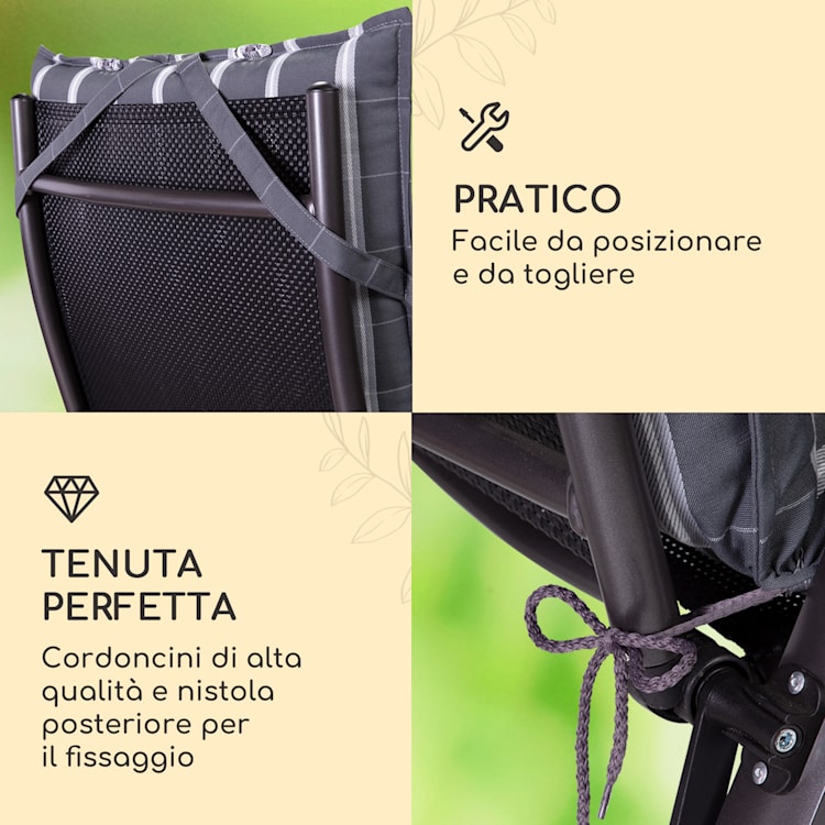 Sylt, Imbottitura, Schienale Alto, Sedia da Giardino, Poggiatesta, Poliestere, 50x120x9cm 4 x cuscino di seduta | Grigio / chiaro grigio
