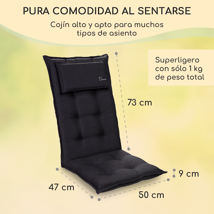 Sylt Cojín acolchado Cojín de exterior para sillas con respaldo alto Almohada Poliéster 50x120x9cm 2 x cojín del asiento | Negro