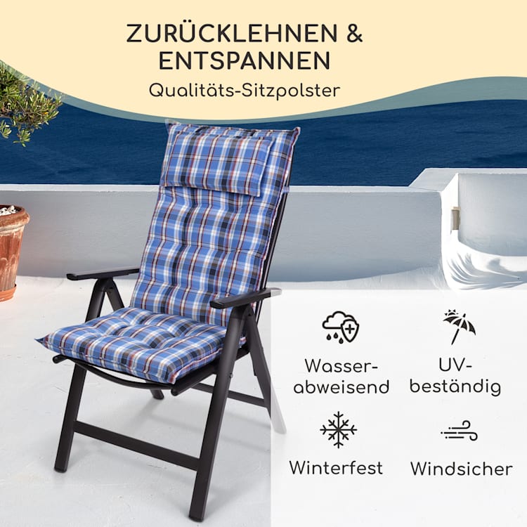 Sylt Polsterauflage Sesselauflage Hochlehner Kopfkissen Polyester 50x120x9cm 4 x Sitzauflage | Blau / Weiß