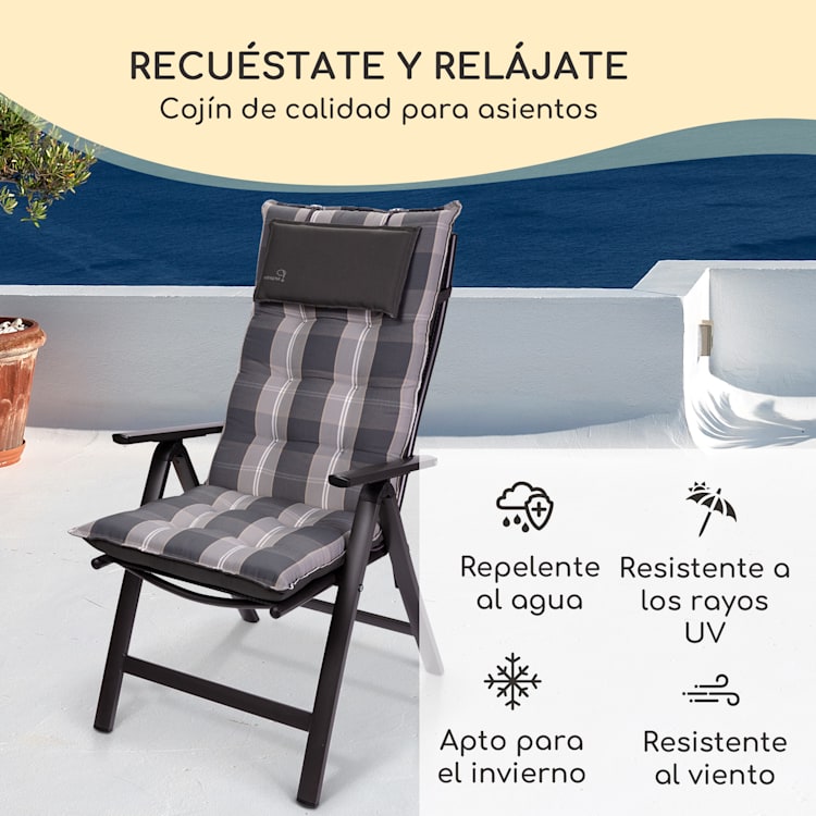 Sylt Cojín acolchado Cojín de exterior para sillas con respaldo alto Almohada Poliéster 50x120x9cm 4 x cojín del asiento | Gris claro / gris