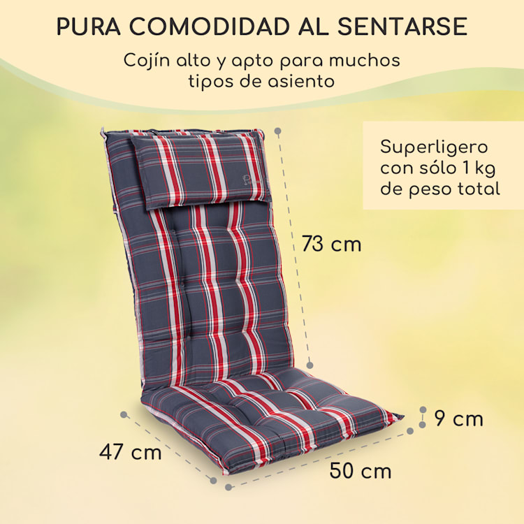 Sylt Cojín acolchado Cojín de exterior para sillas con respaldo alto Almohada Poliéster 50x120x9cm 2 x cojín del asiento | Gris / rojo
