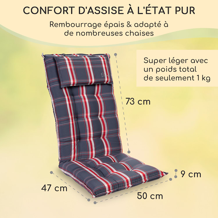 Sylt coussin de fauteuil appuie-tête pour dossier haut Polyester 50x120x9cm 2 x coussin de siege | Gris / Rouge