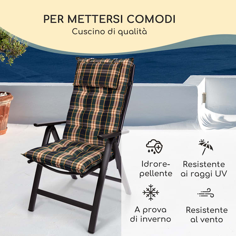 Sylt, Imbottitura, Schienale Alto, Sedia da Giardino, Poggiatesta, Poliestere, 50x120x9cm 2 x cuscino di seduta | Verde / giallo