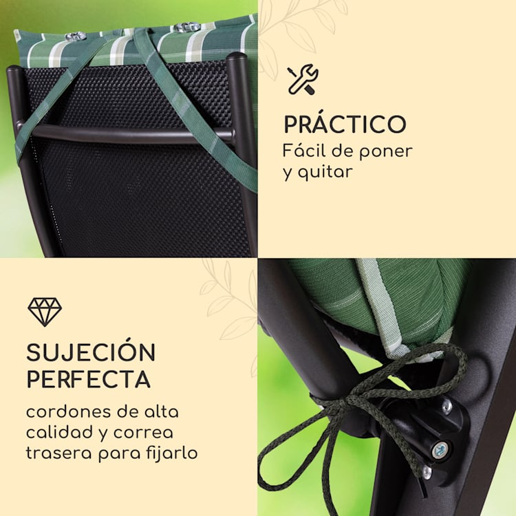 Sylt Cojín acolchado Cojín de exterior para sillas con respaldo alto Almohada Poliéster 50x120x9cm 4 x cojín del asiento | Gris / verde