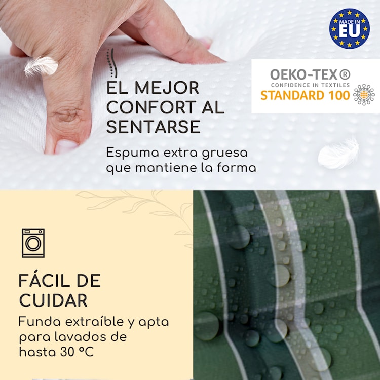 Sylt Cojín acolchado Cojín de exterior para sillas con respaldo alto Almohada Poliéster 50x120x9cm 4 x cojín del asiento | Gris / verde