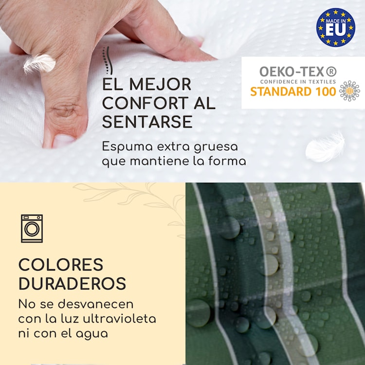 Sylt Cojín acolchado Cojín de exterior para sillas con respaldo alto Almohada Poliéster 50x120x9cm 4 x cojín del asiento | Gris / verde