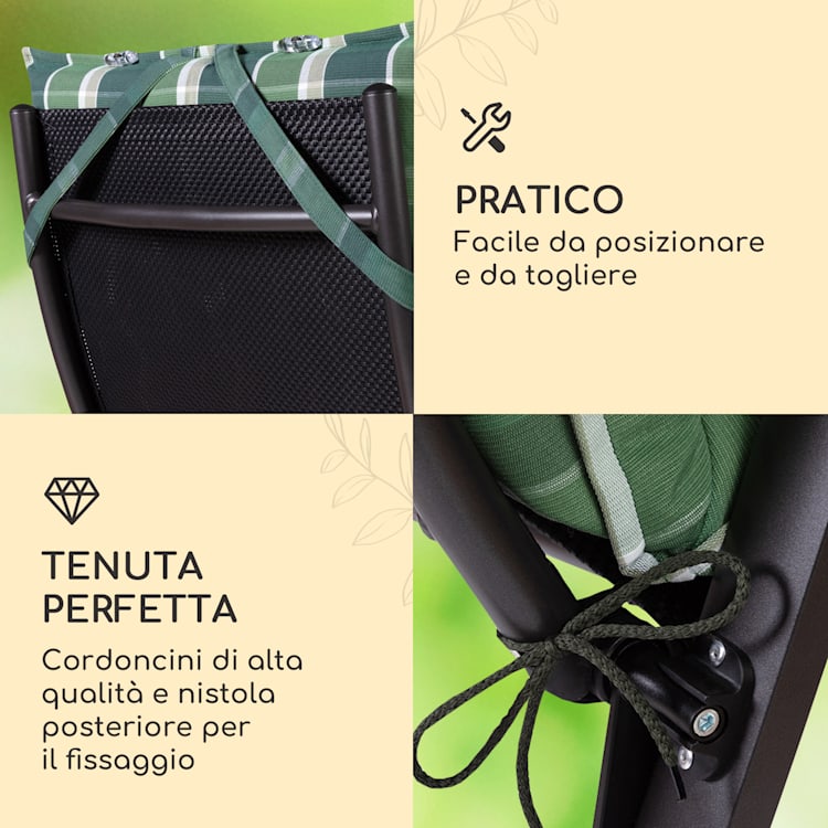 Sylt, Imbottitura, Schienale Alto, Sedia da Giardino, Poggiatesta, Poliestere, 50x120x9cm 4 x cuscino di seduta | Verde / grigio